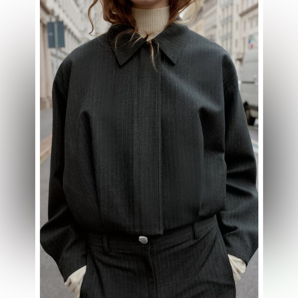 ZARA CROPPED PINSTRIPE BALLOON BOMBER JACKET